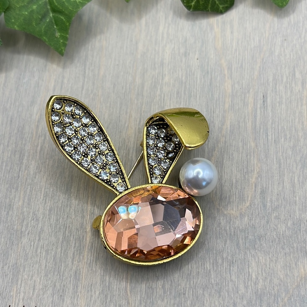 🌻 Vintage Peach Rhinestone Rabbit Ear Brooches - Picture 8 of 8